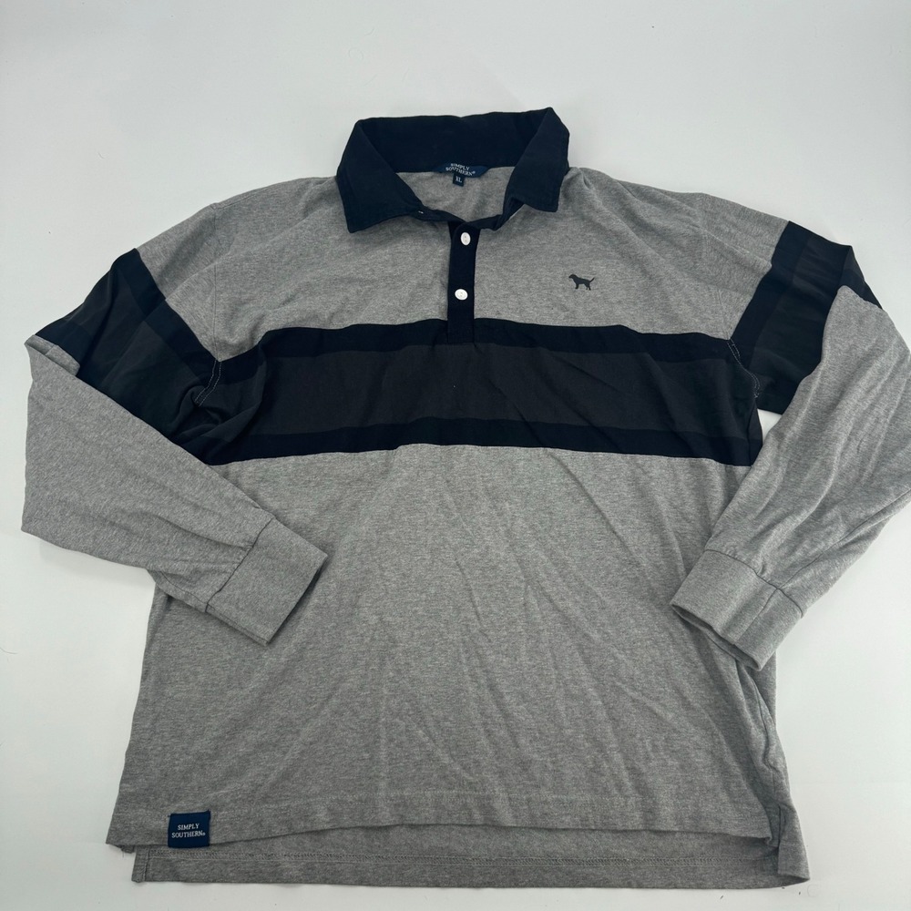 Simply Southern XL Long Sleeve Polo Shirt Gray Black Striped Mens‎